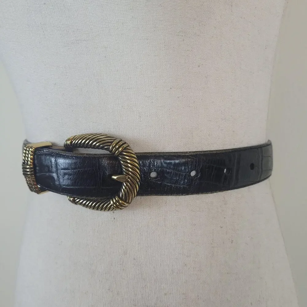 Vintage Brighton Belt Sml Black Leather Textured Rope Buckle Western Cowgirl 90s